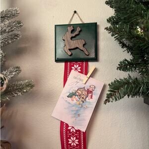 Christmas Card Holder Green Wooden Topper Reindeer Red Snowflake Ribbon